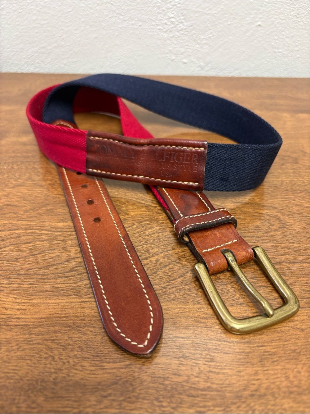 Tommy Hilfiger Vtg Canvas Belt Size 38 Red Navy Leather Preppy Americana